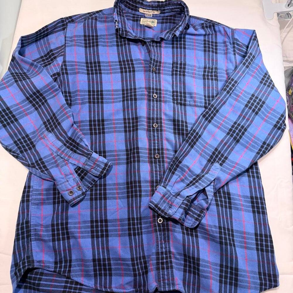 L.L.Bean Flannel Shirt Mens L-TALL Blue Black Red Plaid Traditional Fit - Picture 2 of 6